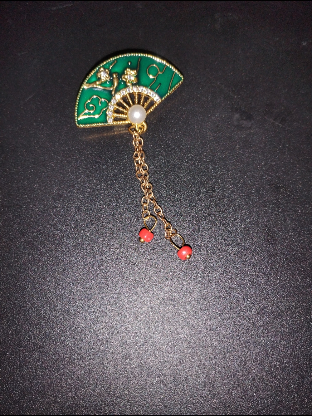 Green Enamel Oriental Fan Brooch with Gold Tone and Red Accents